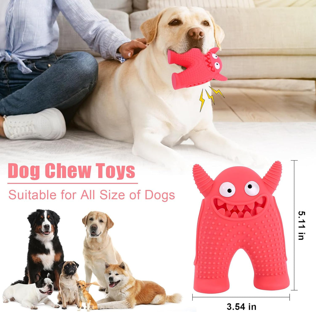 Brighty MonsterChew – Pink squeaky rubber dog chew toy held by a Labrador, suitable for all dog sizes, dimensions 5.11 × 3.54 in