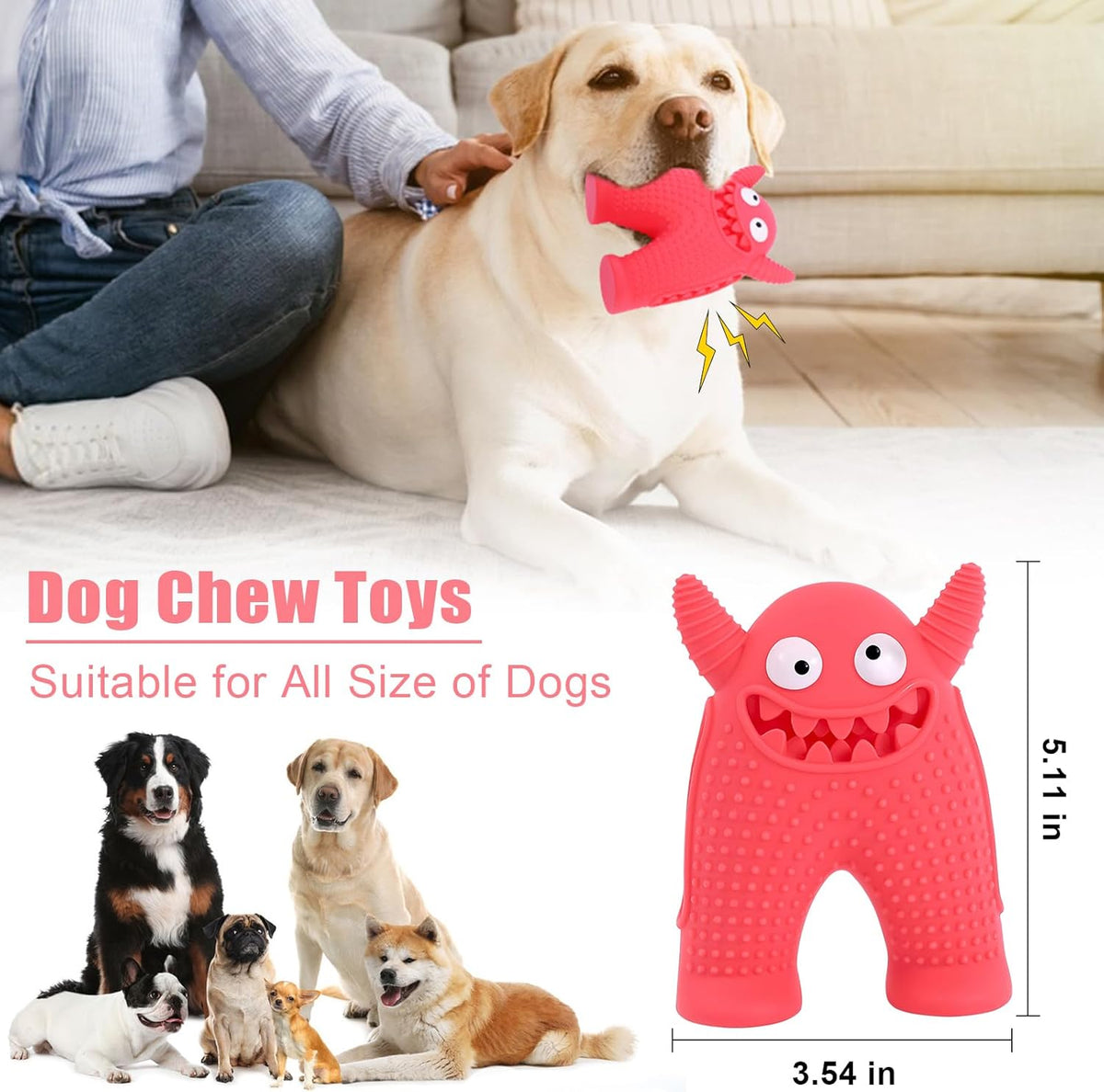 Brighty MonsterChew – Pink squeaky rubber dog chew toy held by a Labrador, suitable for all dog sizes, dimensions 5.11 × 3.54 in