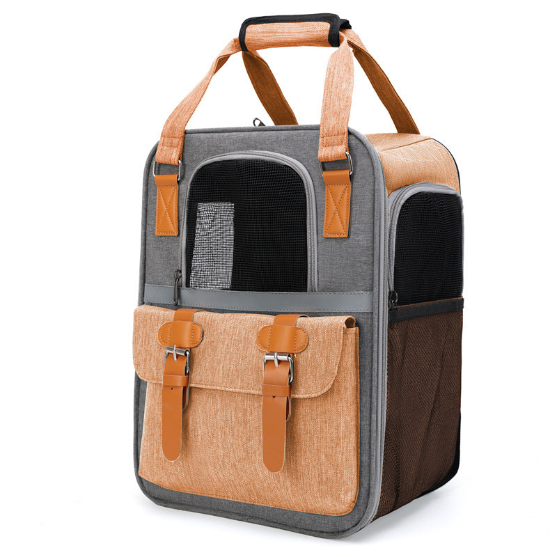 Brighty UrbanCarry – Breathable pet transport backpack in Orange, front view showing mesh panel, top handle and leather buckles