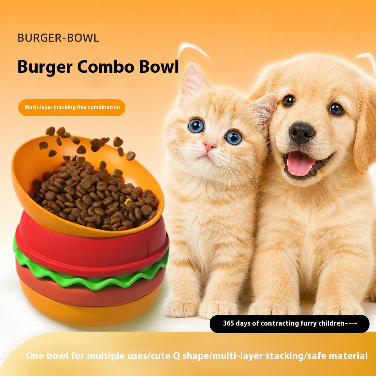 Brighty BurgerBowl stackable burger-shaped dog and cat food bowl – multi-layer silicone and melamine pet feeding set