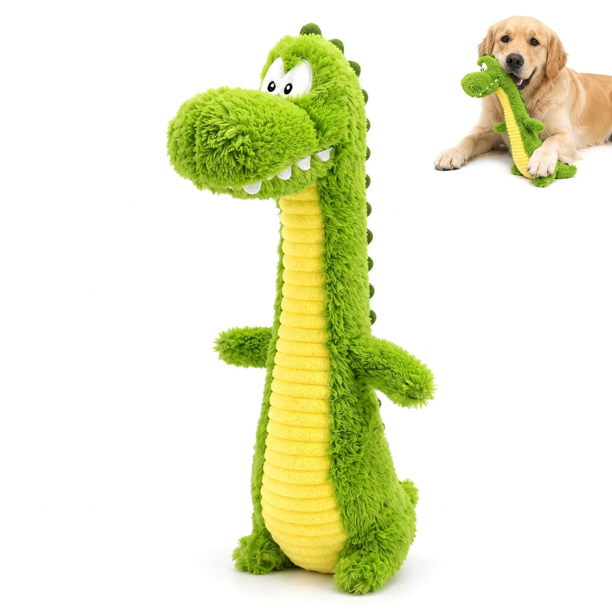 Brighty CrocoTug XL – Green plush crocodile squeaky toy for dogs, soft long fabric, front view