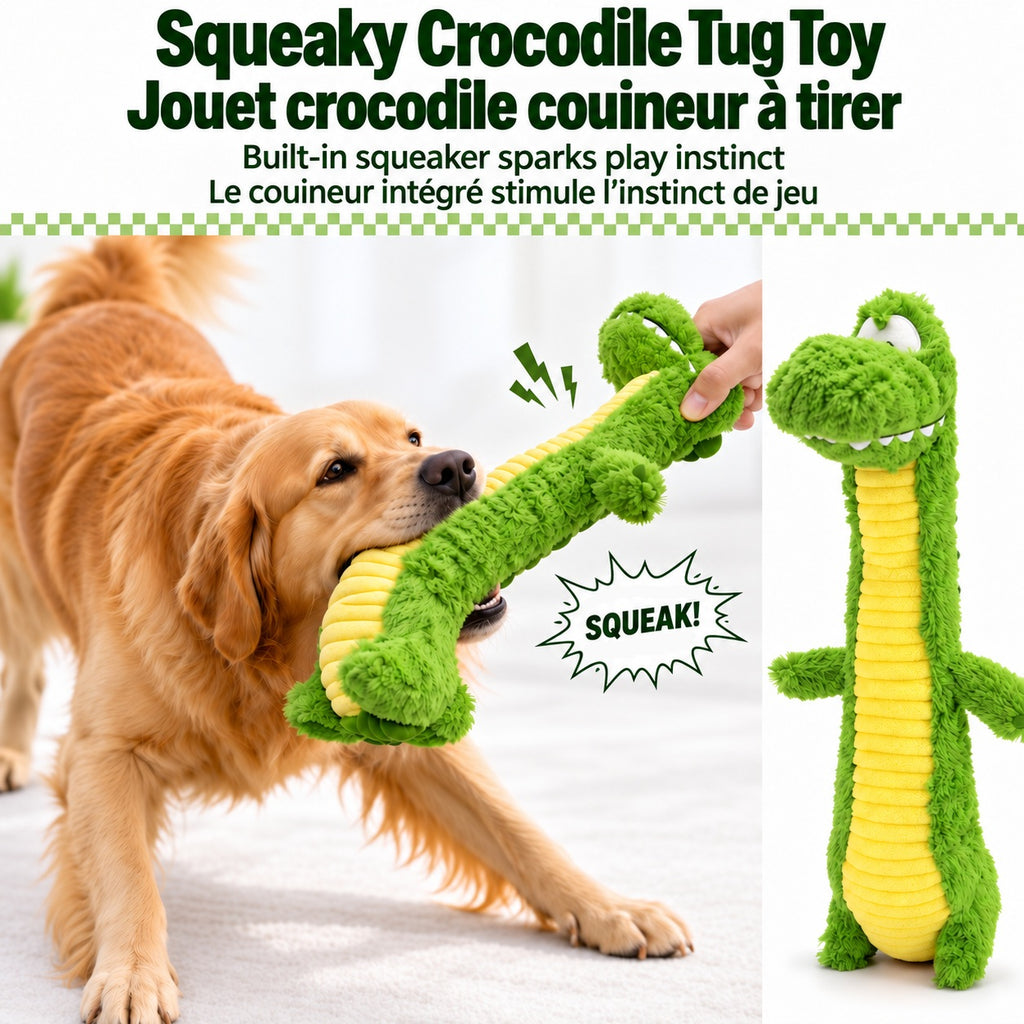 Brighty CrocoTug XL – Green plush crocodile squeaky toy for dogs, soft and durable