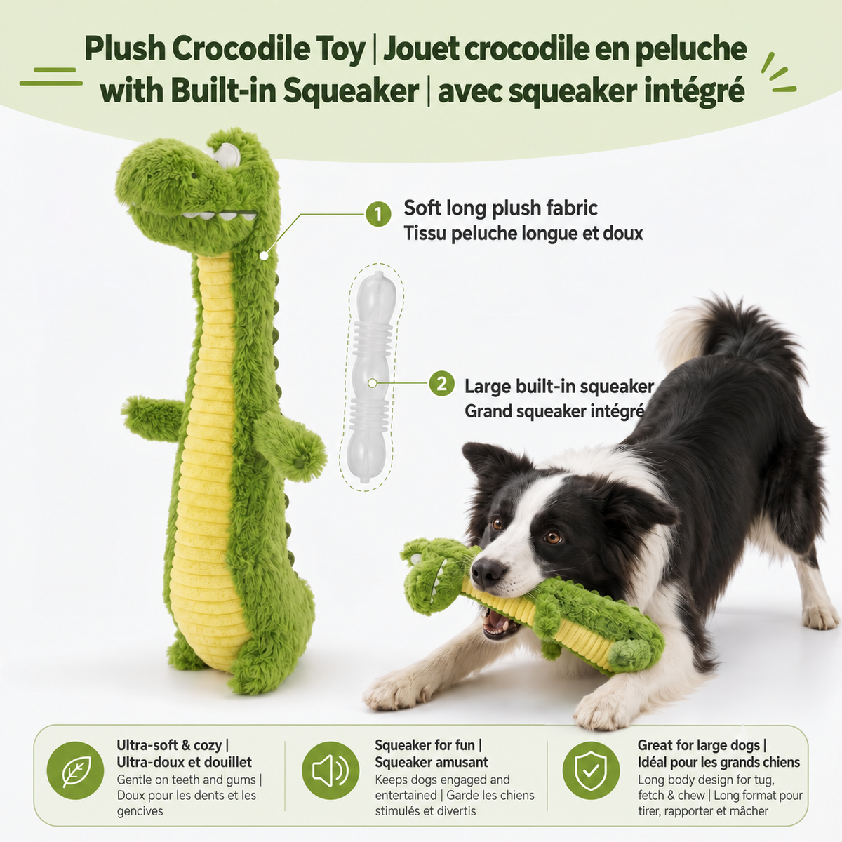 Brighty CrocoTug XL – Soft long plush fabric with large built-in squeaker for medium and large dogs