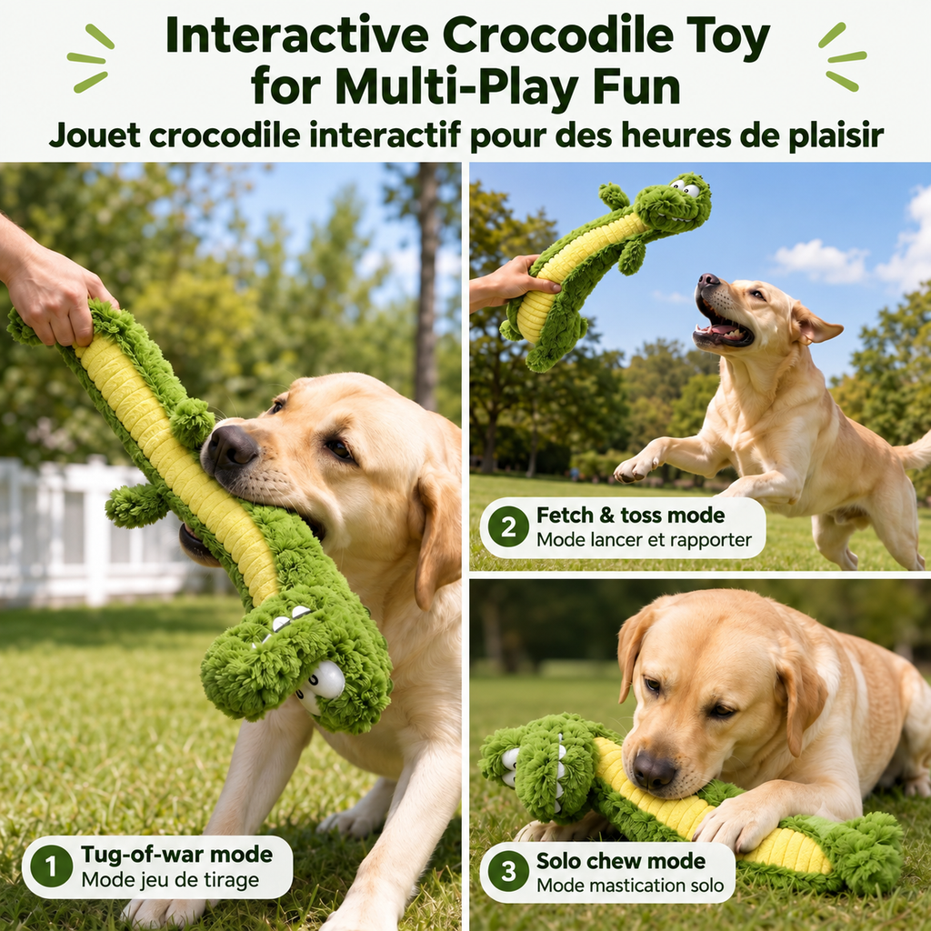Brighty CrocoTug XL – Large plush crocodile dog toy with squeaker, ideal for fetch and chewing