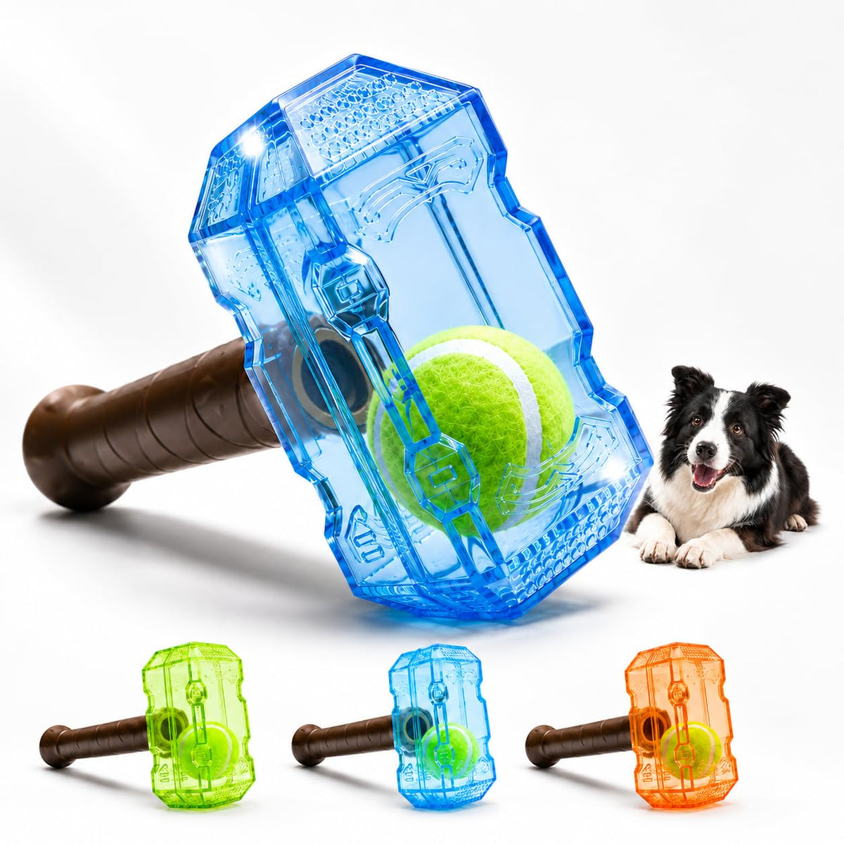 Brighty HammerBall blue squeaky dog toy with built-in tennis ball, durable TPR hammer design for chewing, fetch and interactive play.
