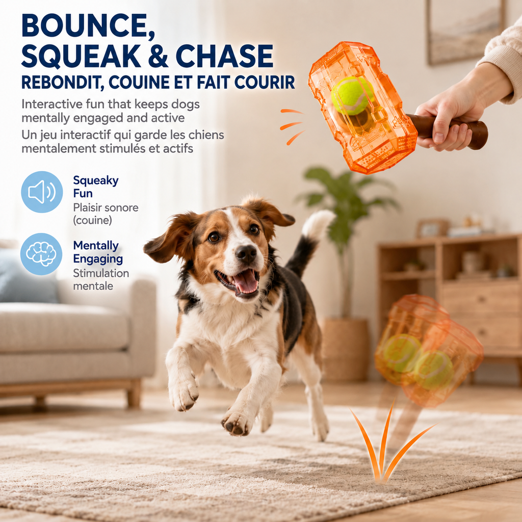 Brighty HammerBall interactive squeaky dog toy with unpredictable bounce for active chase, fetch and mental stimulation.