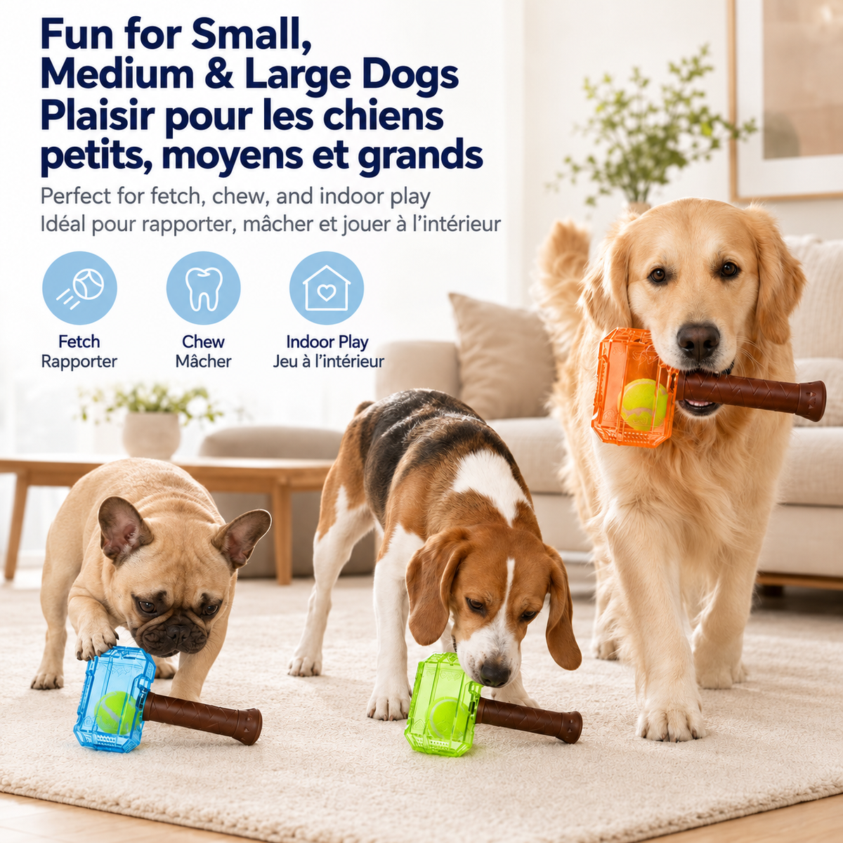 Brighty HammerBall squeaky tennis ball dog toy for small, medium and large dogs, designed for fetch, chewing and indoor play