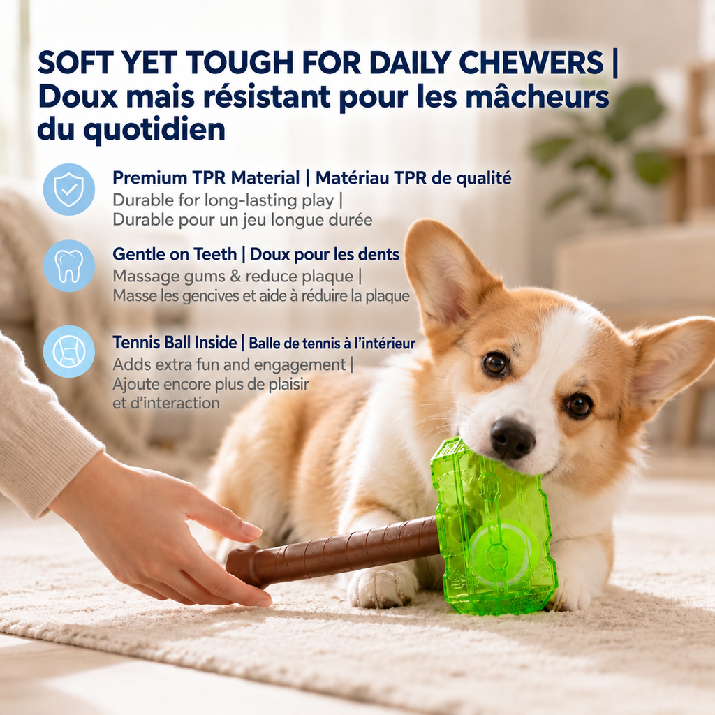 Brighty HammerBall durable TPR chew toy with built-in tennis ball, designed for daily chewers and gentle on teeth.