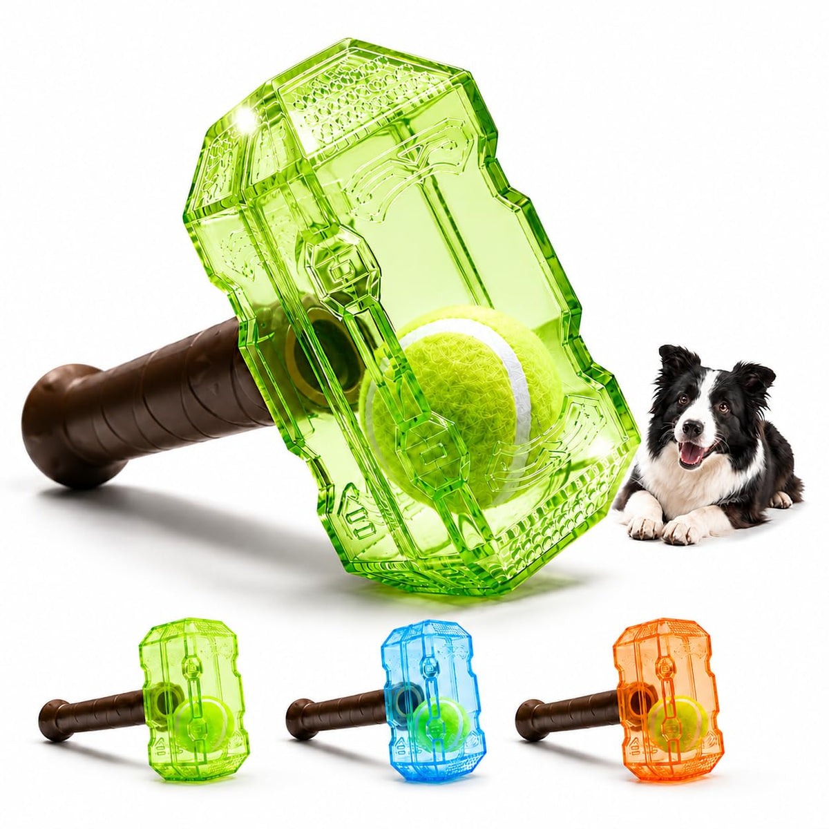 Brighty HammerBall green squeaky dog toy with built-in tennis ball, durable TPR hammer design for chewing, fetch and active play.