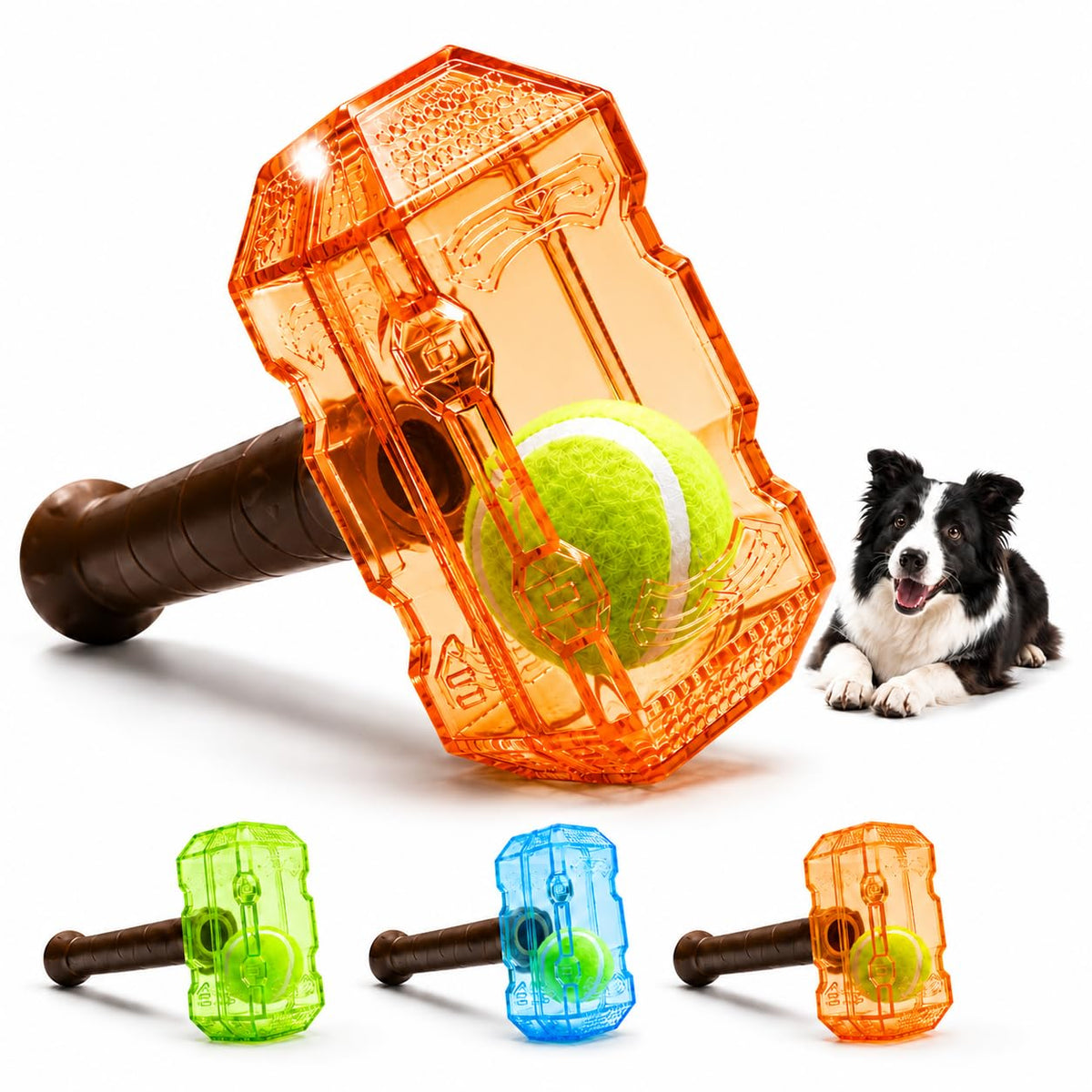 Brighty HammerBall orange squeaky dog toy with built-in tennis ball, durable TPR hammer toy for chewing, bouncing and fetch.