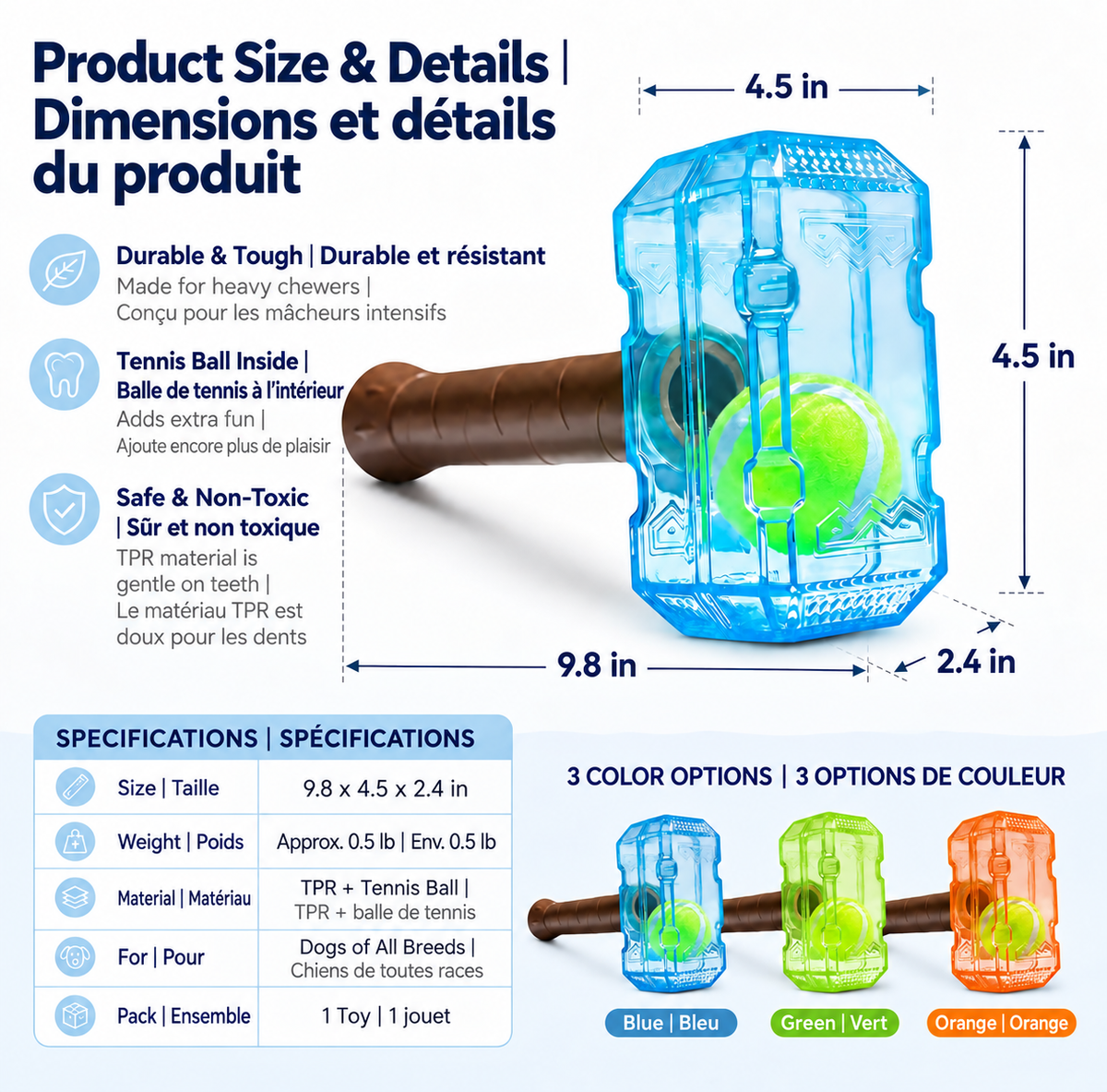 Brighty HammerBall durable TPR dog toy with built-in tennis ball, measuring 9.8 x 4.5 x 2.4 inches in blue, green and orange.