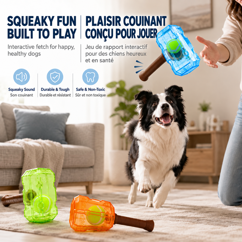 Brighty HammerBall squeaky interactive fetch toy with durable TPR body and built-in tennis ball for active play