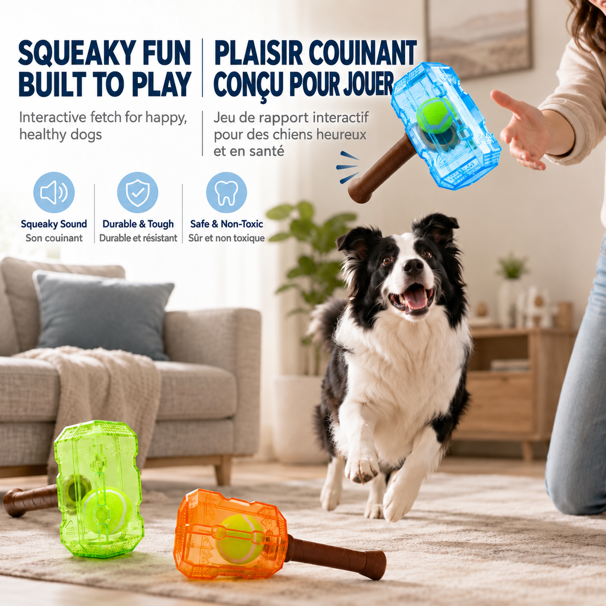 Brighty HammerBall squeaky interactive fetch toy with durable TPR body and built-in tennis ball for active play