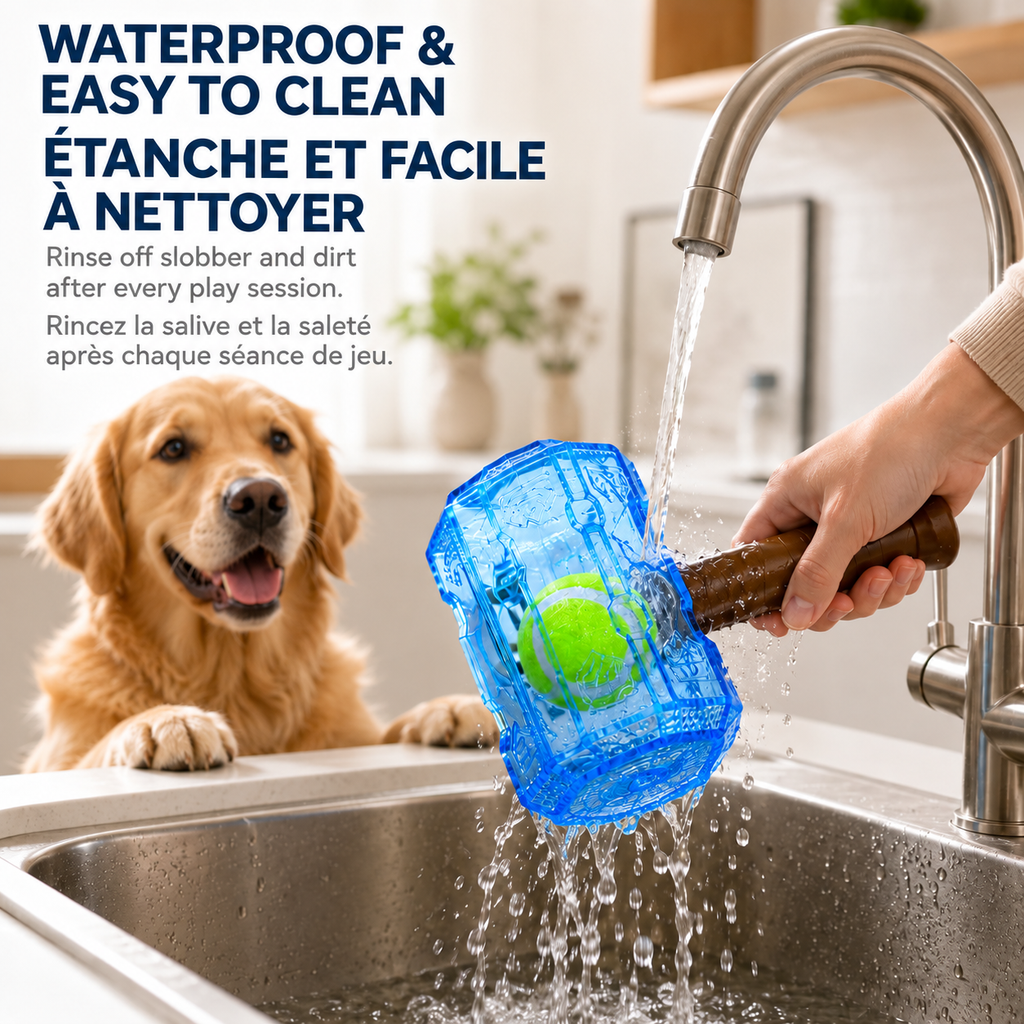 Brighty HammerBall waterproof and easy-to-clean dog toy being rinsed after play, with durable TPR construction and tennis ball inside.