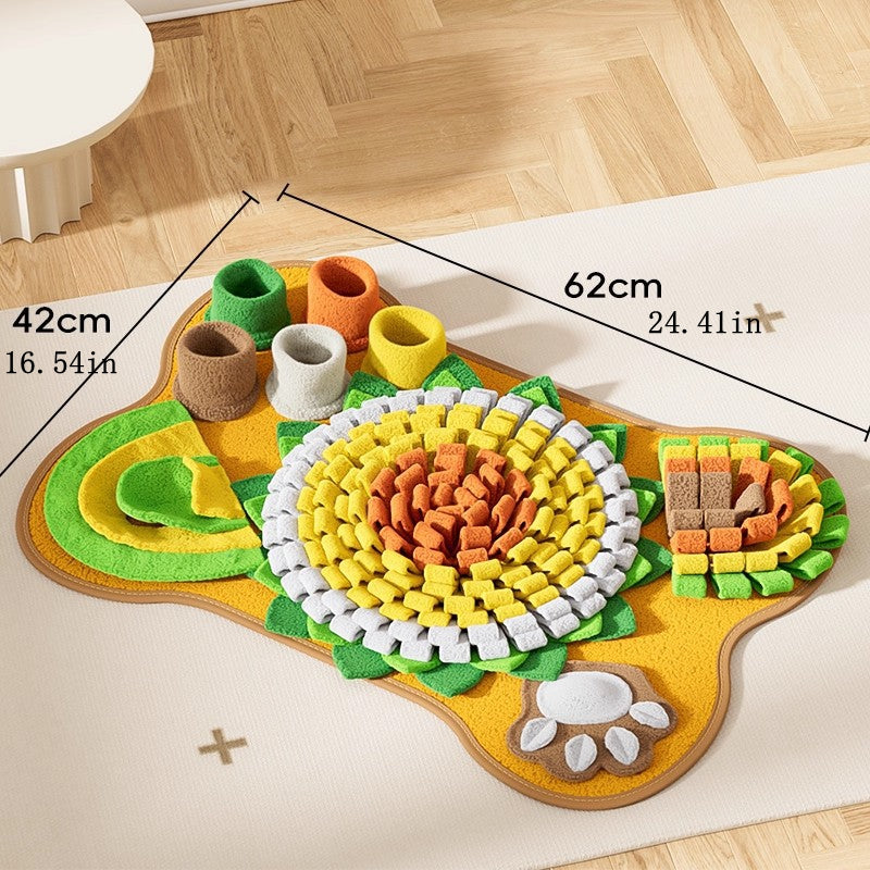 Brighty Harmony sensory snuffle mat top view showing 62cm x 42cm dimensions, multiple hiding zones and cups