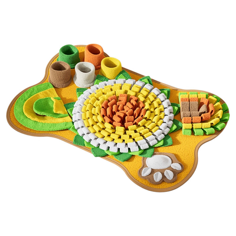 Brighty Harmony sensory snuffle mat full view on white background, showing sunflower center, treat cups, hiding zones and squeaker paw