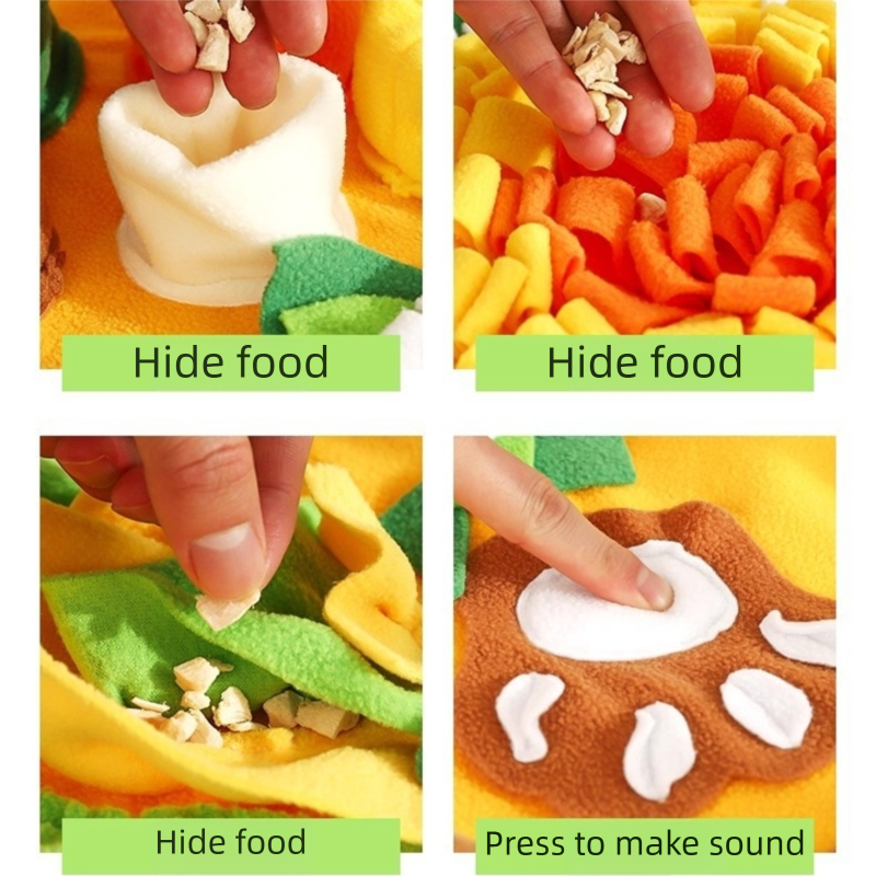 Brighty Harmony snuffle mat showing 3 treat hiding zones and 1 squeaker paw zone, interactive dog enrichment mat