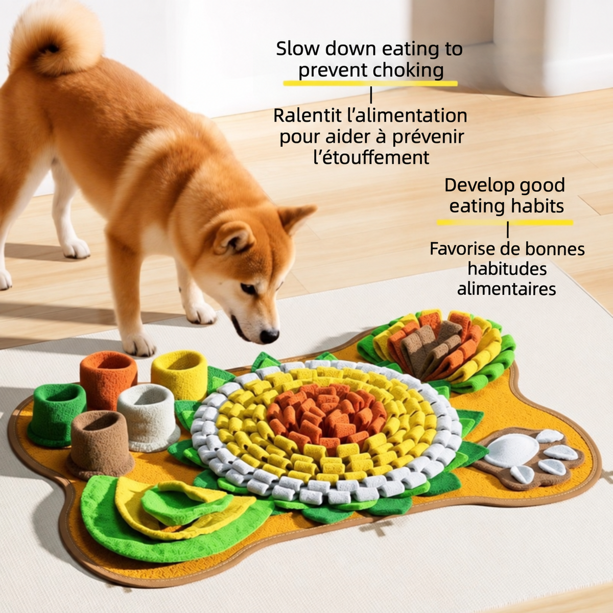 Brighty Harmony snuffle mat with Shiba Inu dog sniffing treats, slow down eating to prevent choking