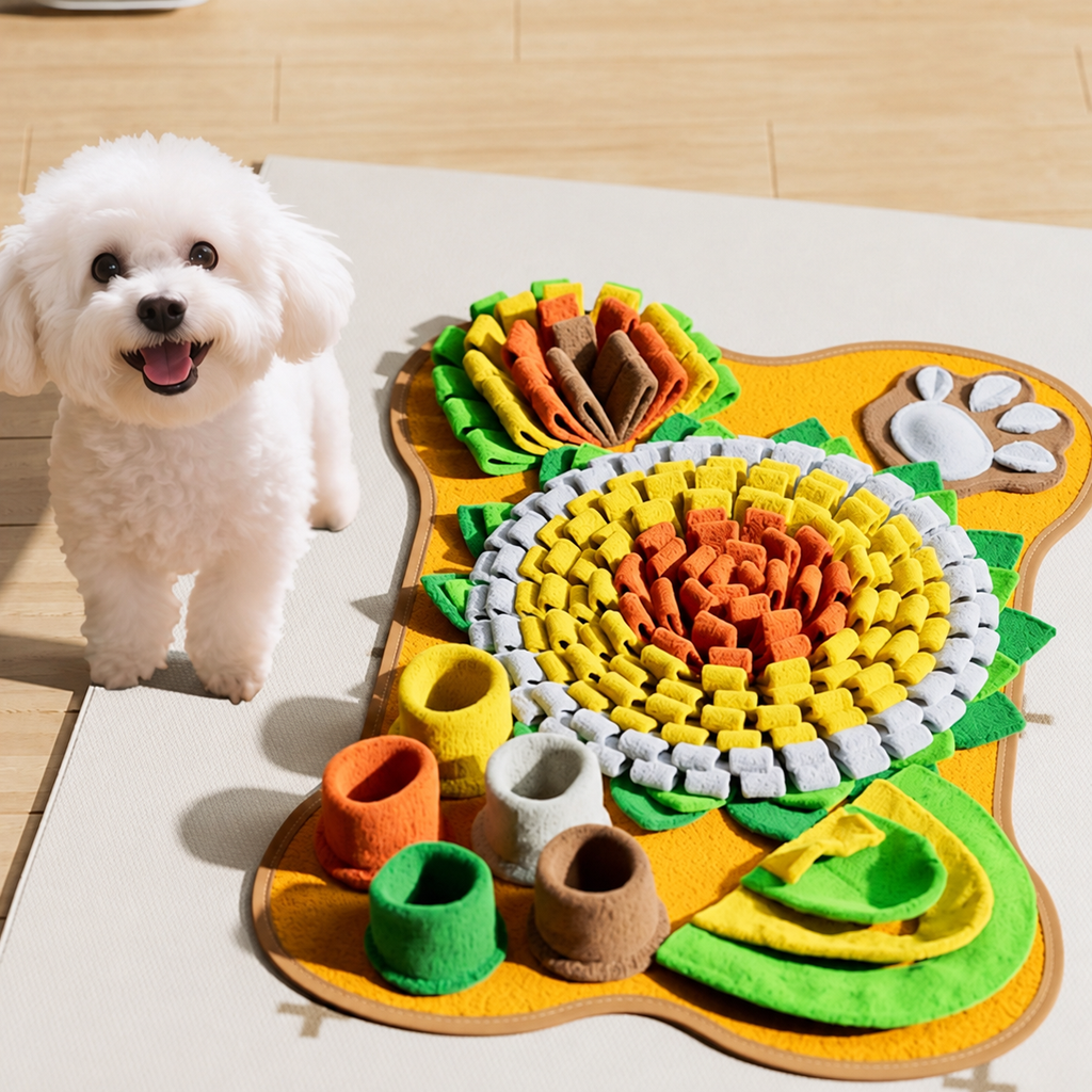 Brighty Harmony snuffle mat with white Bichon Frise dog, colorful fleece sensory mat with treat hiding zones