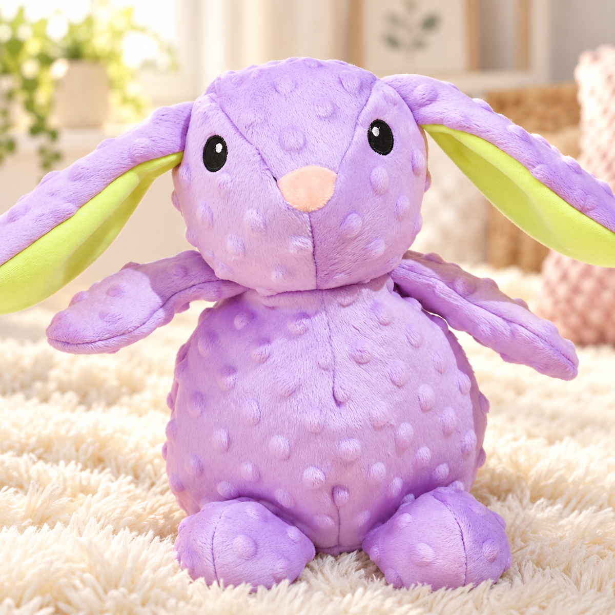 Brighty Miss Bunny – Purple squeaky rabbit plush toy for dogs, soft bumpy texture with long floppy ears