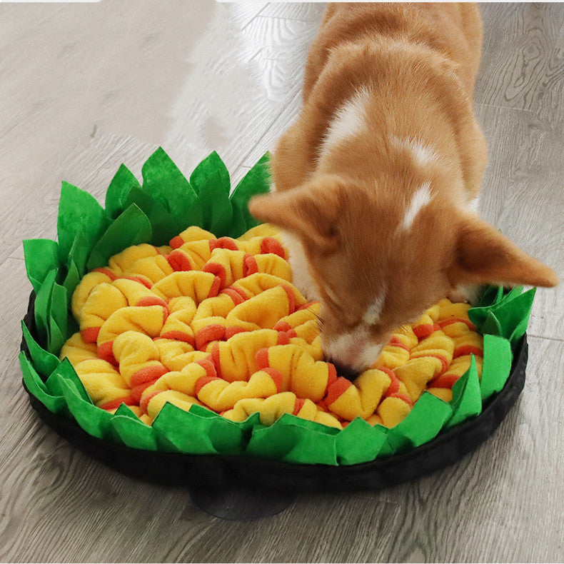 Brighty SnuffleFlower dog enrichment mat with layered fleece strips designed for treat-searching activities.