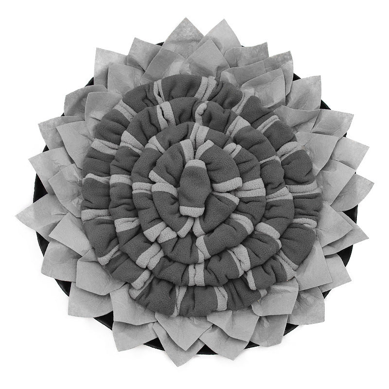 Grey Brighty SnuffleFlower interactive snuffle mat with layered fleece sections for hiding treats.