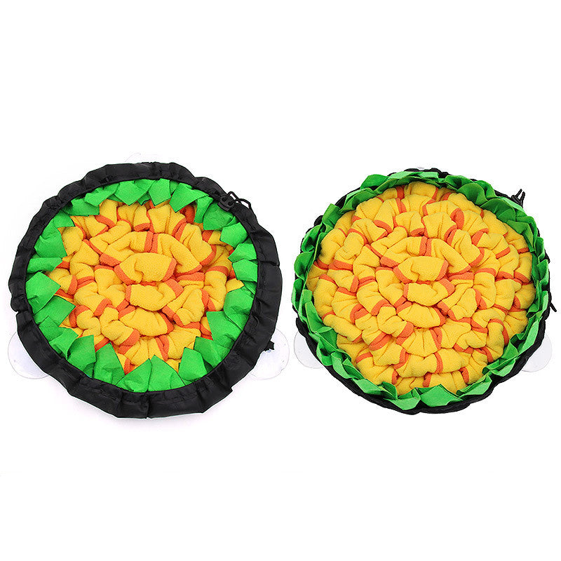 Yellow and green Brighty SnuffleFlower dog snuffle mat shown in two adjustable configurations.