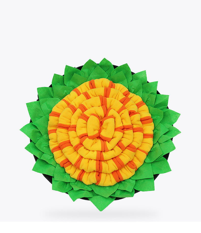 Top view of the yellow and green Brighty SnuffleFlower interactive sniffing mat for dogs.