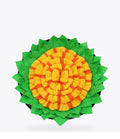 Top view of the yellow and green Brighty SnuffleFlower interactive sniffing mat for dogs.