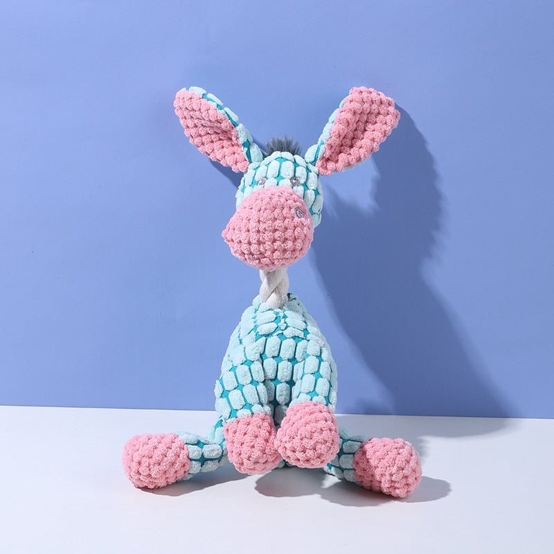 Brighty Soft ChatterPals – Blue and pink donkey squeaky plush toy with rope neck for dogs