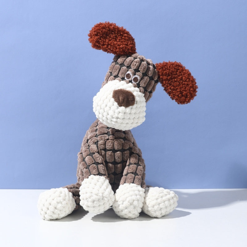 Brighty Soft ChatterPals – Brown dog squeaky plush toy with red fluffy ears and rope neck, soft for dogs
