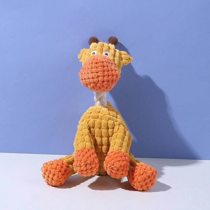 Brighty Soft ChatterPals – Yellow and orange giraffe squeaky plush toy with rope neck for dog