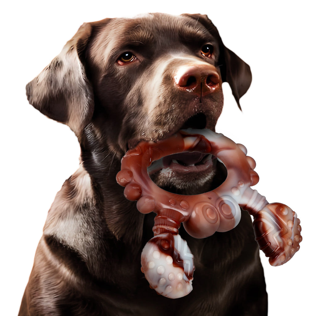 Brighty ToughChew crab-shaped nylon chew toy with chocolate Labrador dog, tough multi-texture beef-scented dog chew