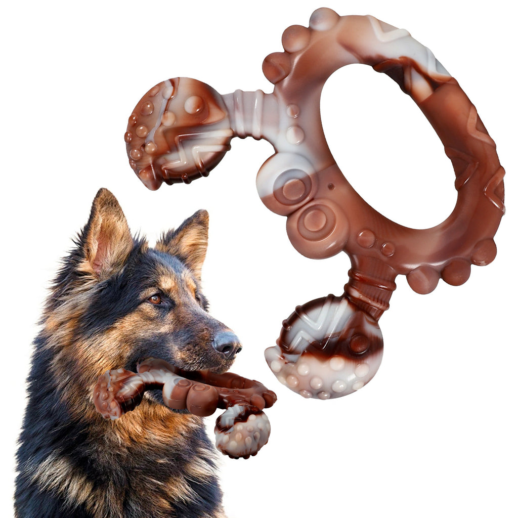 Brighty ToughChew crab-shaped nylon chew toy with German Shepherd dog, durable beef-scented chew for aggressive chewers