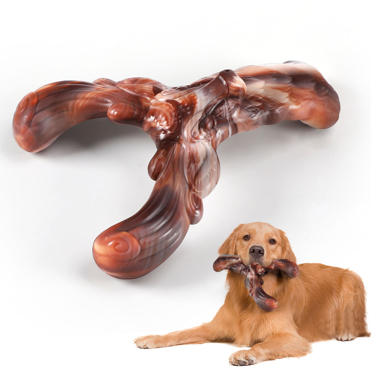 Brighty ToughChew deer-shaped nylon chew toy with Golden Retriever dog, durable beef-scented chew for aggressive chewers