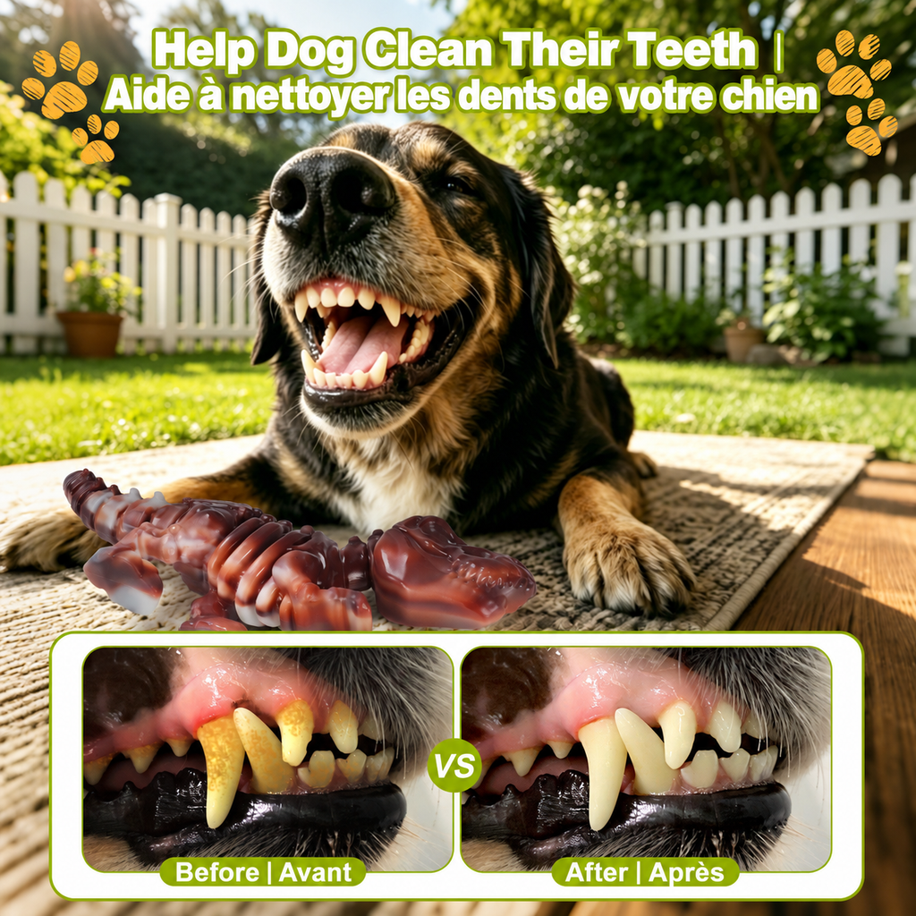 Brighty ToughChew nylon chew toy helps clean dog teeth, before and after comparison showing plaque reduction, bilingual French English infographic