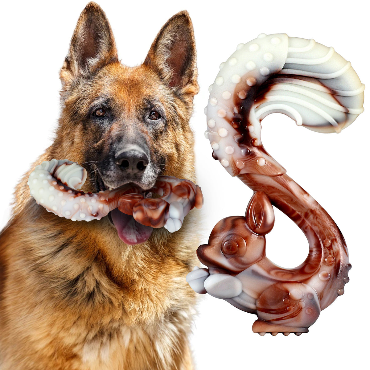 Brighty ToughChew squirrel-shaped nylon chew toy with German Shepherd dog, tough multi-texture beef-scented dog chew