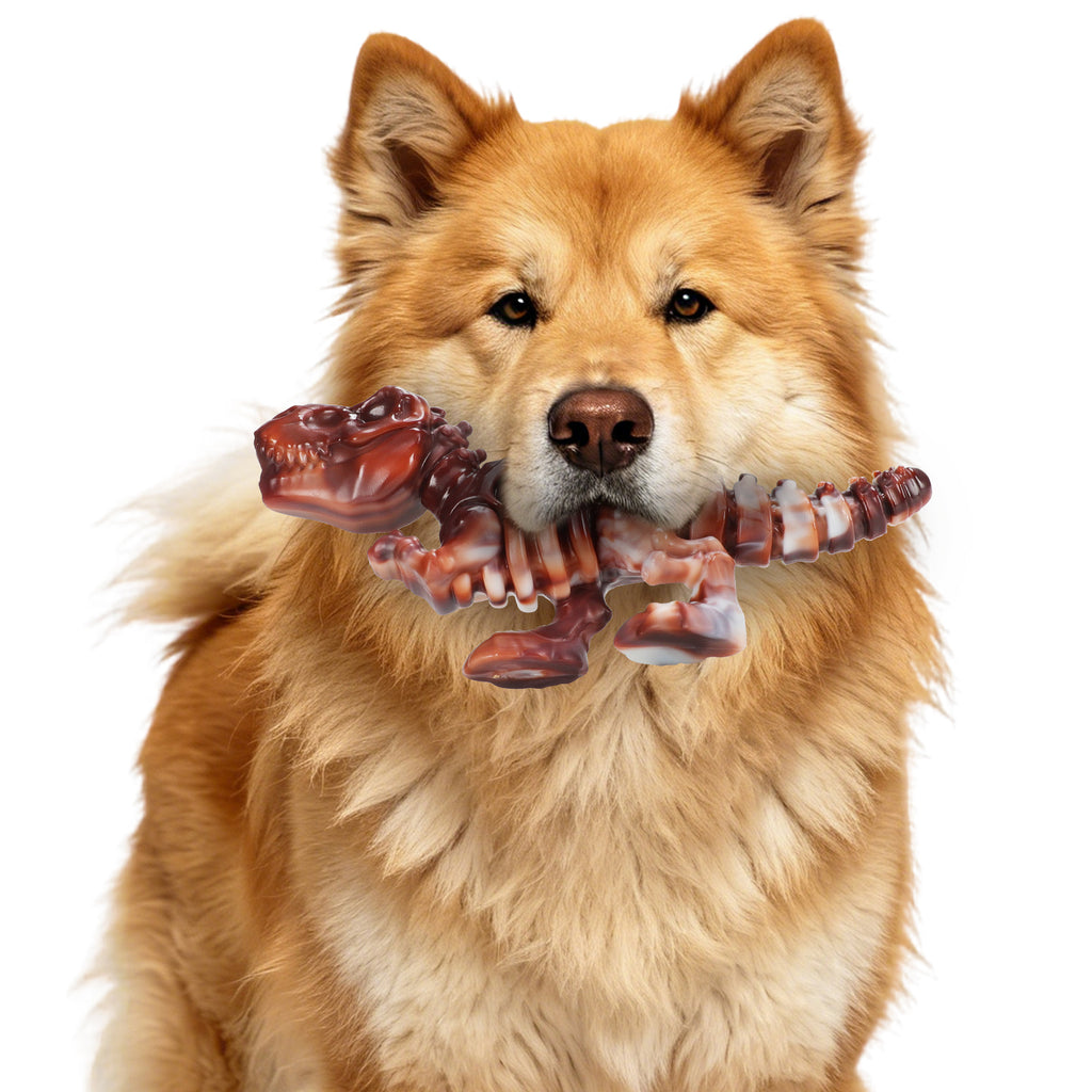 Large Chow Chow dog holding Brighty ToughChew T-Rex nylon chew toy in mouth, aggressive chewer durable dog toy