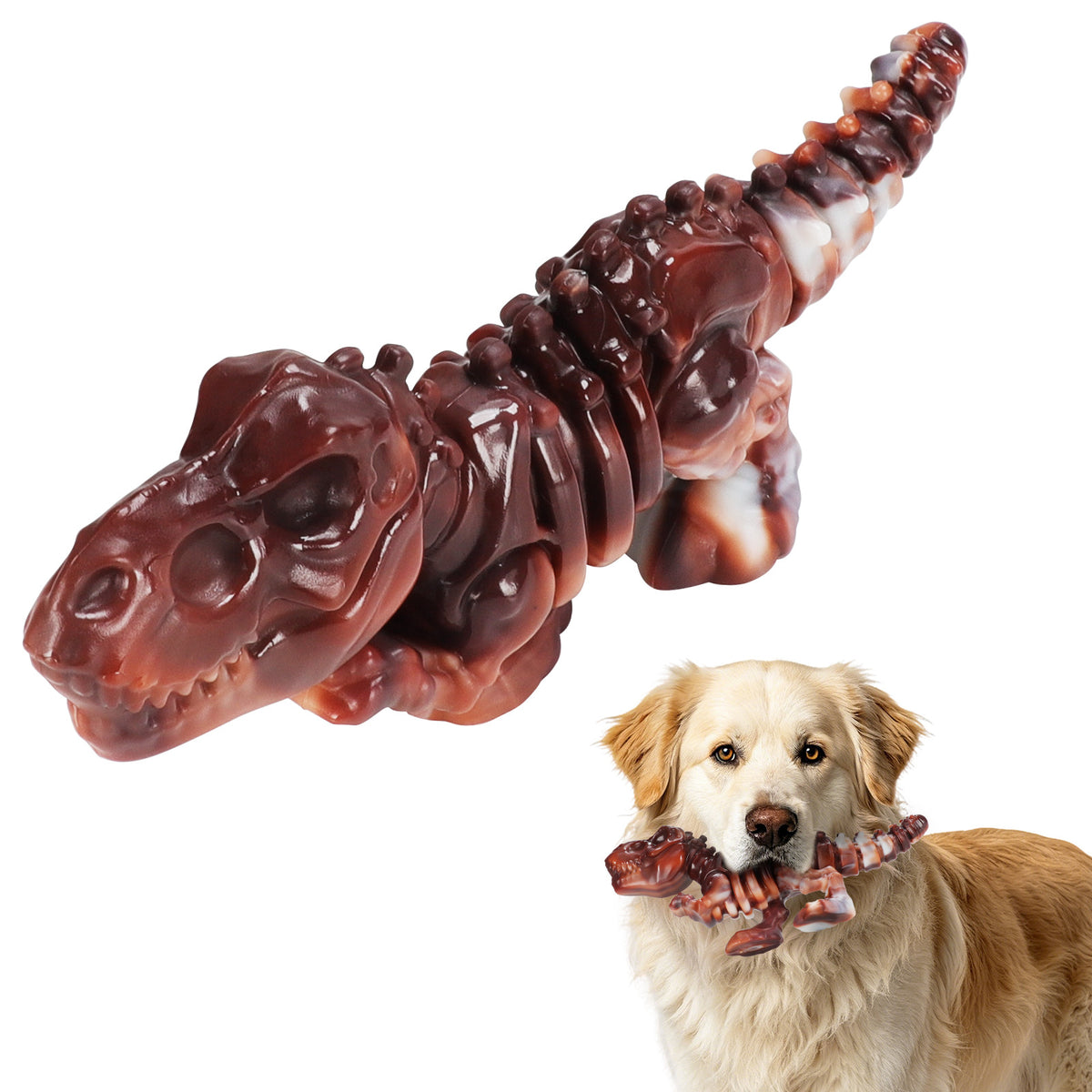 Brighty ToughChew T-Rex nylon chew toy with Golden Retriever dog, durable dinosaur-shaped chew for aggressive chewer dogs