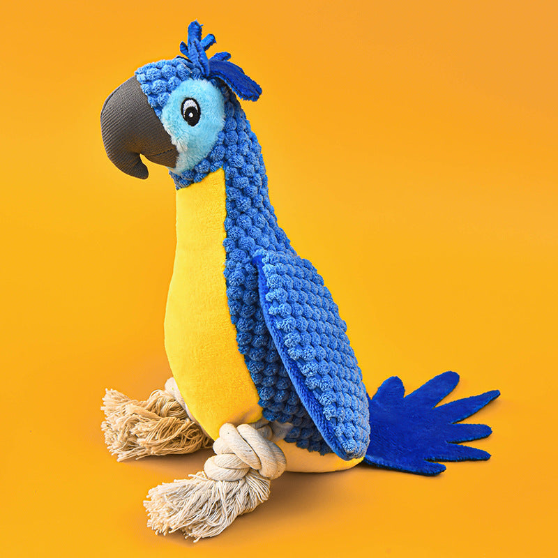 Brighty TropicalBird interactive plush dog toy - blue and yellow macaw with rope