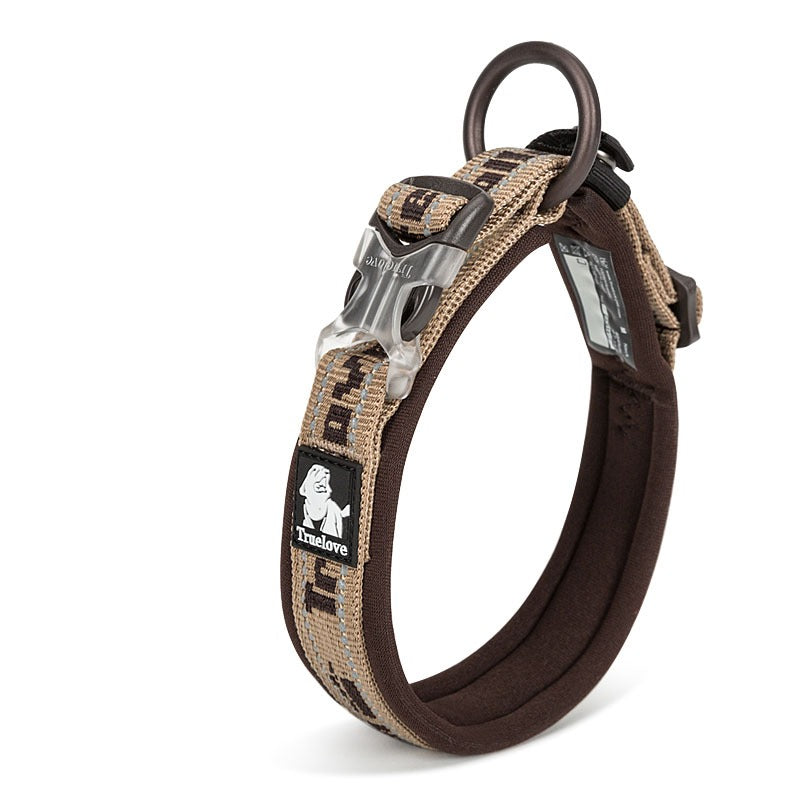 TrueLove reflective padded dog collar in brown with quick-release buckle and metal ring