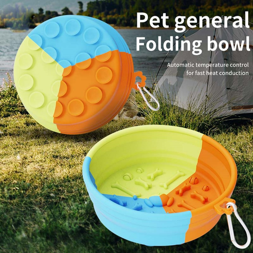 Brighty Fold&Go – Tricolor collapsible silicone dog bowl shown open and folded in an outdoor camping setting