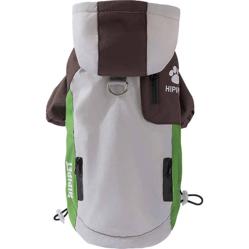 Hipipet Mini TrailGuard – Brown & Green waterproof dog coat back view showing leash ring, zippered pockets and hood, white background