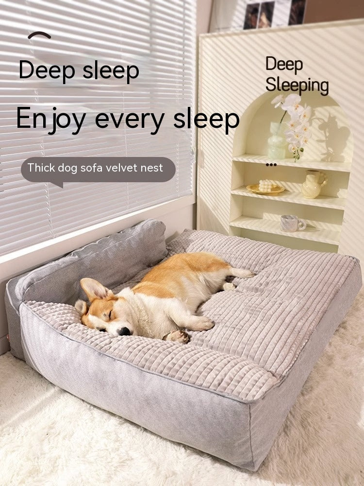 Corgi enjoying deep sleep on Brighty CozyHaven thick velvet dog sofa bed