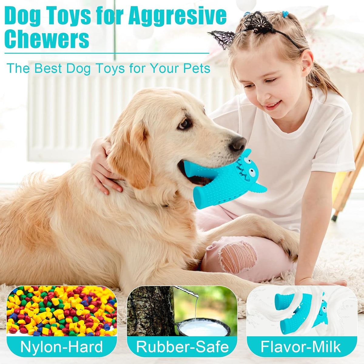 Brighty MonsterChew – Blue rubber chew toy for aggressive chewers, shown with a Golden Retriever and child, highlighting natural rubber and safe materials