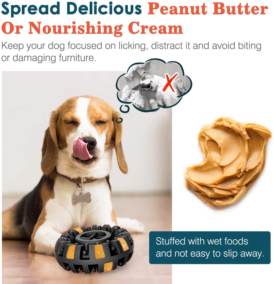 Beagle licking Brighty ChewWheel filled with peanut butter - distraction and calming toy