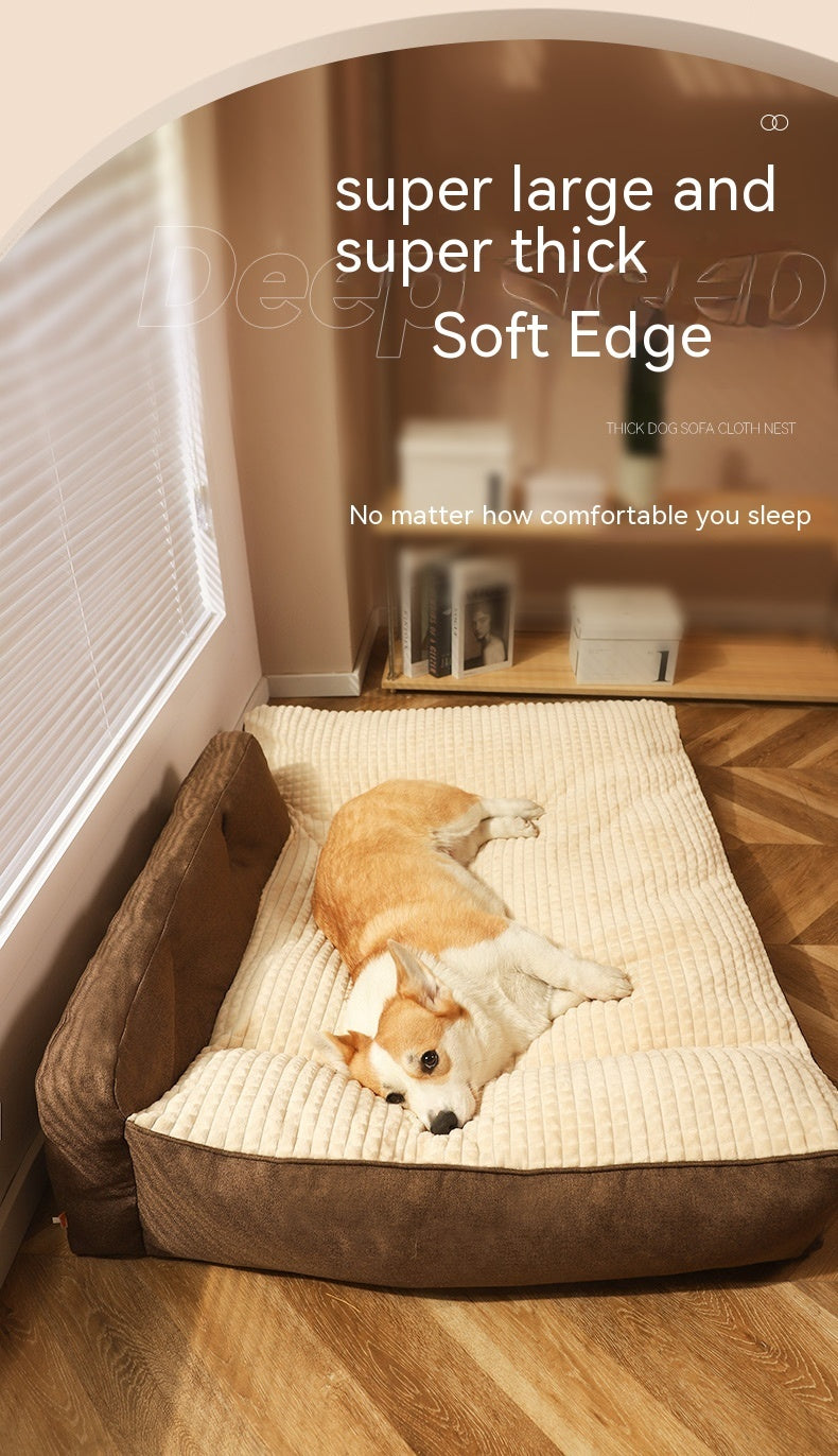 Corgi resting on Brighty CozyHaven sofa dog bed with soft padded edges, caramel color