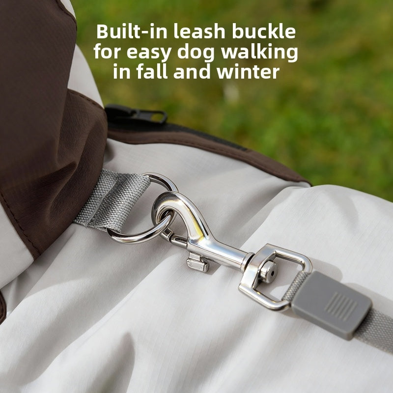 Hipipet Mini TrailGuard – Close-up of built-in metal leash buckle on waterproof dog coat for easy dog walking