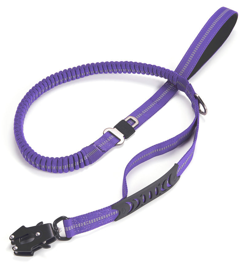 Brighty FrogLock bungee dog leash in purple – reflective stitching, frog buckle clasp, dual handle, 135 cm