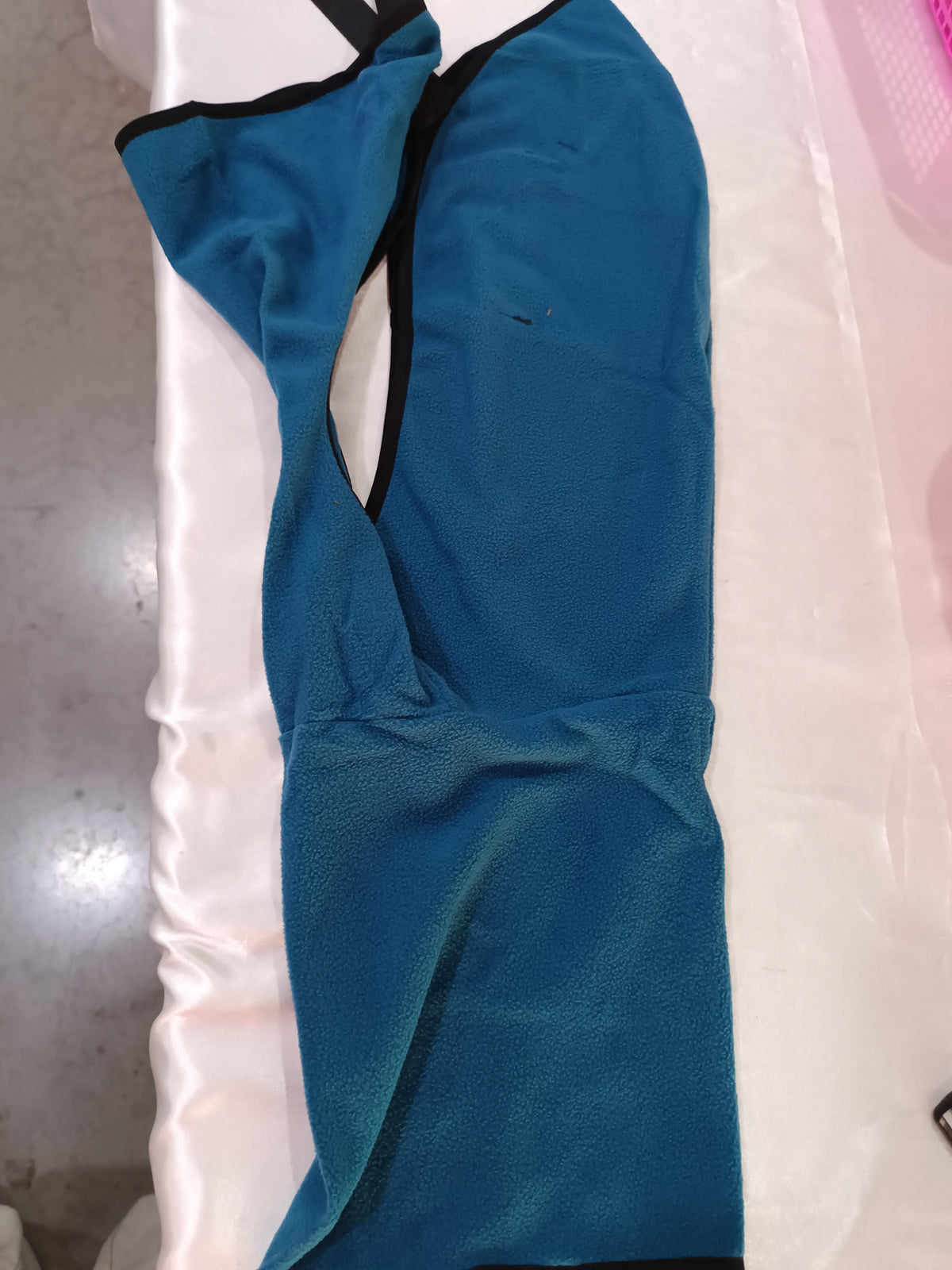 Brighty FleeceWarm teal fleece dog sweater laid flat showing full length